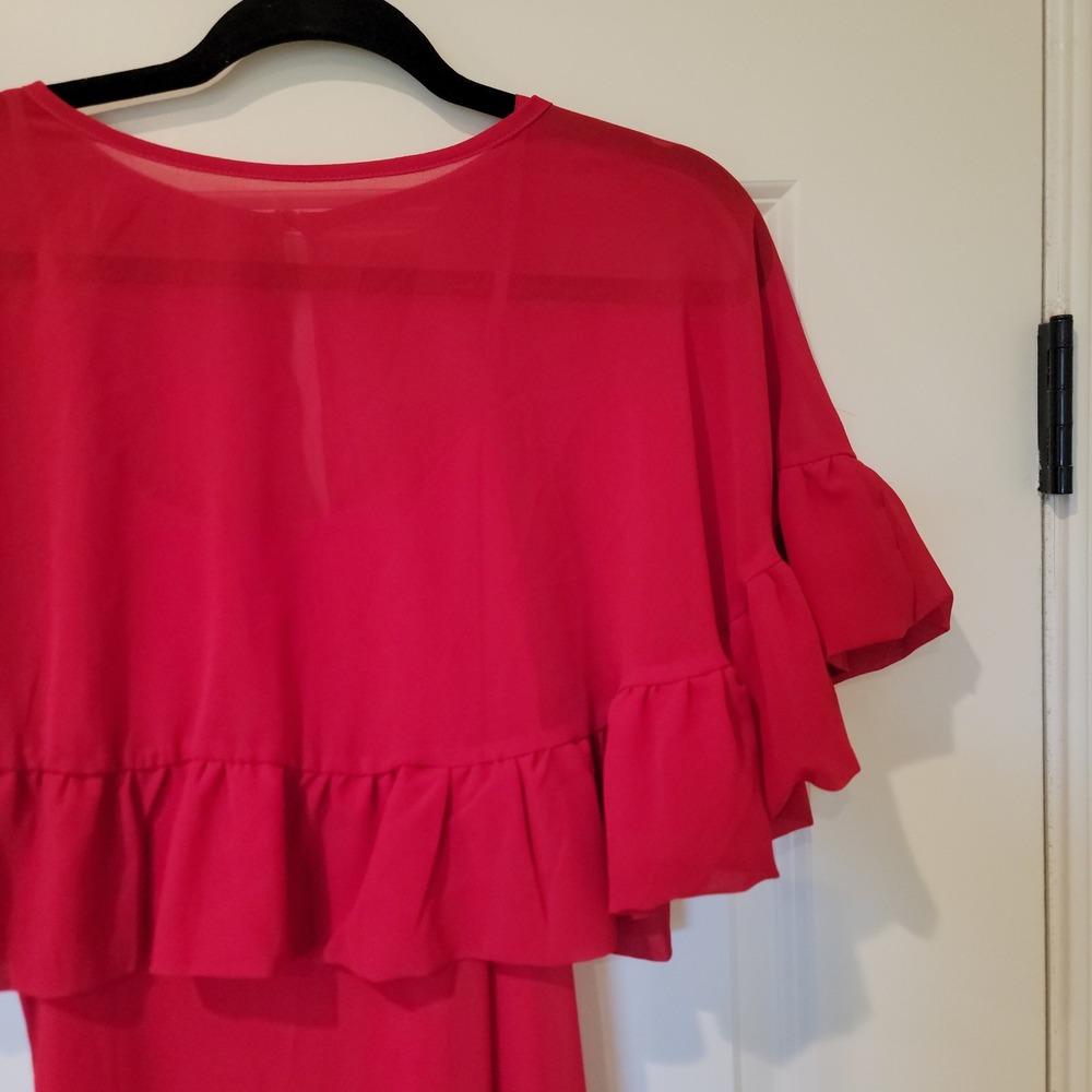 Cosmina Womens Red Ruffle Tiered Maxi Dress Size L Sheer Overlay New - Picture 3 of 11
